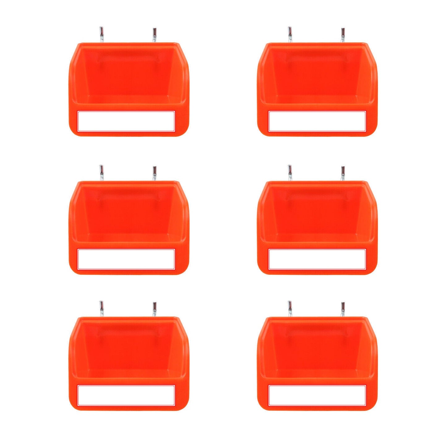 Image of six identical, bright orange 6Pc Pegboard Bins Peg Board Parts Storage With Steel Hooks Tools Organiser Tray arranged in a 2x3 grid pattern. Each bin is made of plastic with a hollow front and small mounting hooks at the back for attachment to metal pegboards. Perfect small parts organizers against a plain white background.