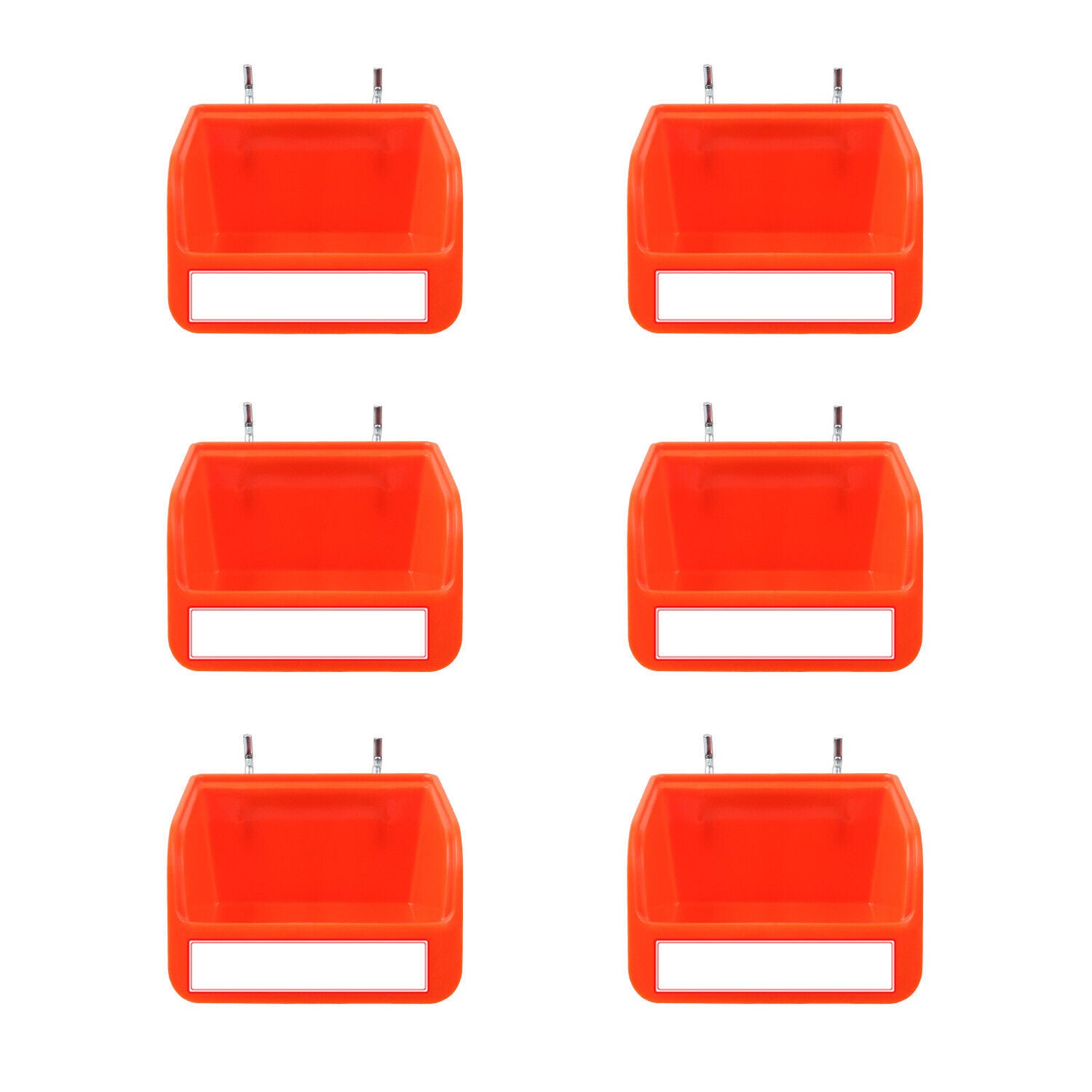 Image of six identical, bright orange 6Pc Pegboard Bins Peg Board Parts Storage With Steel Hooks Tools Organiser Tray arranged in a 2x3 grid pattern. Each bin is made of plastic with a hollow front and small mounting hooks at the back for attachment to metal pegboards. Perfect small parts organizers against a plain white background.