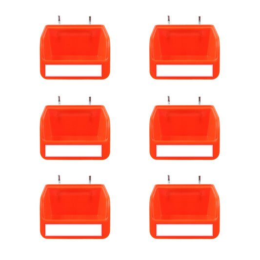 Image of six identical, bright orange 6Pc Pegboard Bins Peg Board Parts Storage With Steel Hooks Tools Organiser Tray arranged in a 2x3 grid pattern. Each bin is made of plastic with a hollow front and small mounting hooks at the back for attachment to metal pegboards. Perfect small parts organizers against a plain white background.