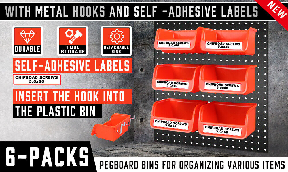 Image of six identical, bright orange 6Pc Pegboard Bins Peg Board Parts Storage With Steel Hooks Tools Organiser Tray arranged in a 2x3 grid pattern. Each bin is made of plastic with a hollow front and small mounting hooks at the back for attachment to metal pegboards. Perfect small parts organizers against a plain white background.