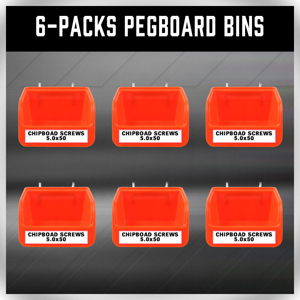 Image of six identical, bright orange 6Pc Pegboard Bins Peg Board Parts Storage With Steel Hooks Tools Organiser Tray arranged in a 2x3 grid pattern. Each bin is made of plastic with a hollow front and small mounting hooks at the back for attachment to metal pegboards. Perfect small parts organizers against a plain white background.