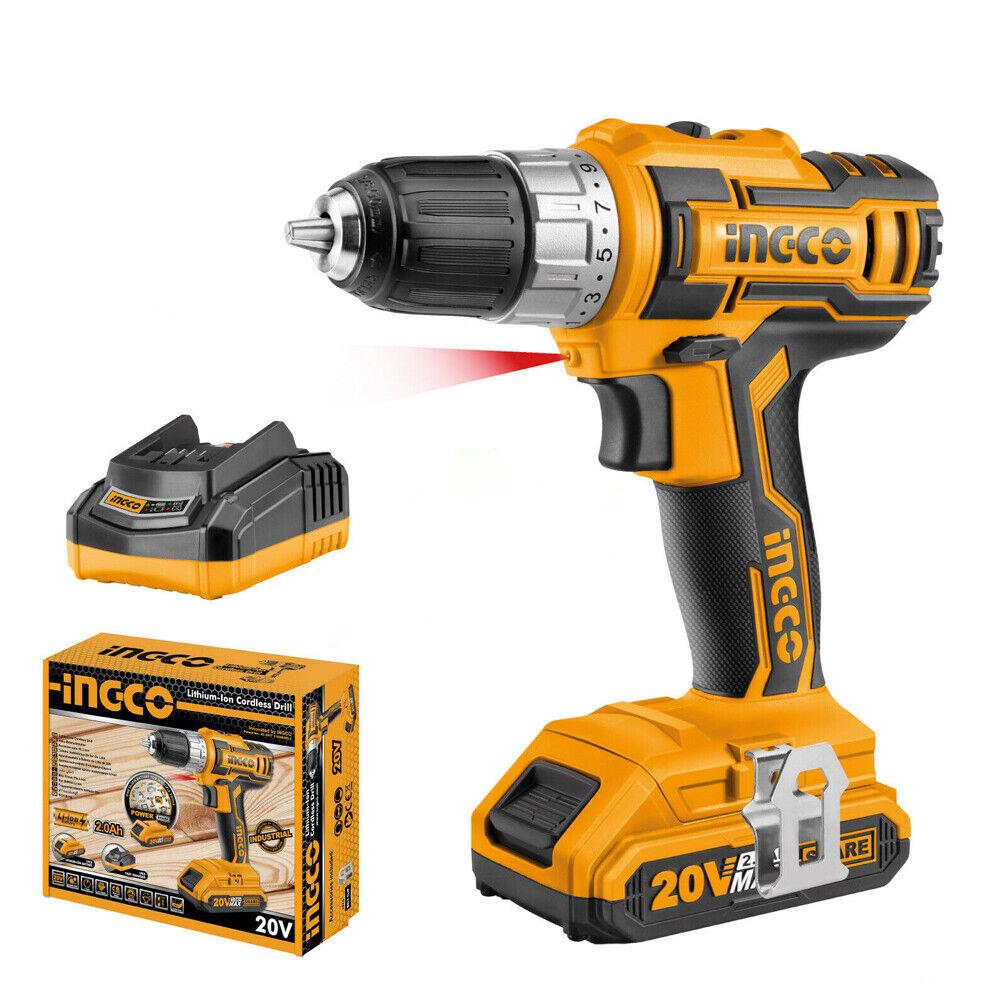 An INGCO Cordless Power Drill Electric Screwdriver Drilling With Battery & Charger in black and yellow is displayed. The INGCO brand is prominently visible on the drill. Accompanying items include a 20V Lithium-Ion battery charger and the product packaging box, which features images, specifications, and highlights its max torque of 45NM with a 2-speed gear system.