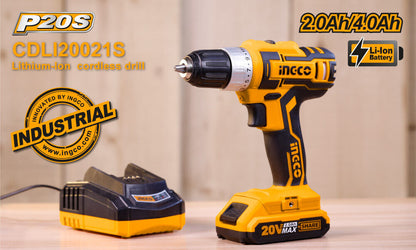 An INGCO Cordless Power Drill Electric Screwdriver Drilling With Battery & Charger in black and yellow is displayed. The INGCO brand is prominently visible on the drill. Accompanying items include a 20V Lithium-Ion battery charger and the product packaging box, which features images, specifications, and highlights its max torque of 45NM with a 2-speed gear system.