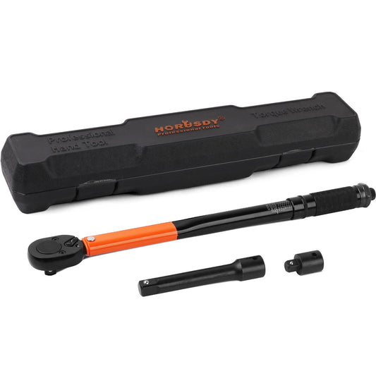 A HORUSDY 3Pc 1/2" Drive Click Torque Wrench Ratchet Socket with Adaptor Extension featuring an orange and black handle, crafted from Chrome Vanadium Steel. It includes two black extension and adapter pieces with an electro-black finish. The set comes in a black storage case labeled "HORUSDY Professional Hand Tool - Torque Wrench.