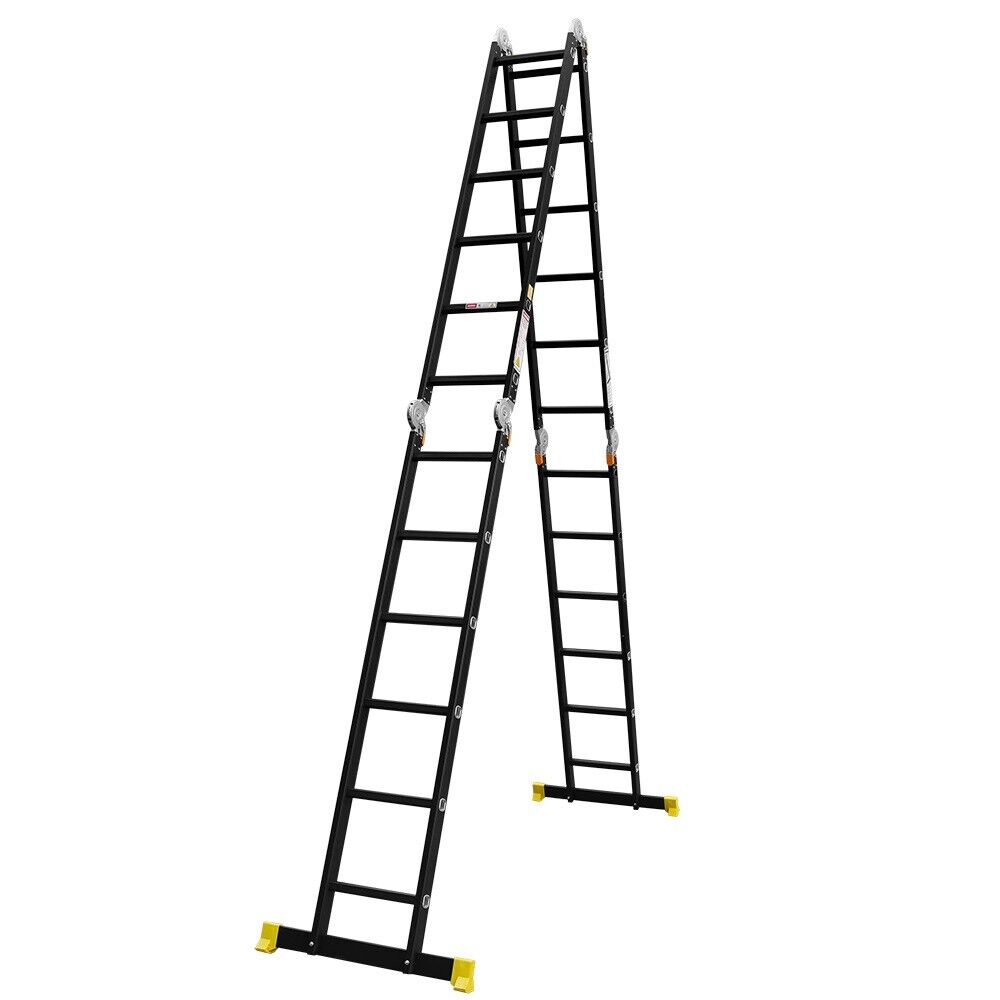 A tall, black HORUSDY 6.7M Aluminium Folding Step Ladder Extension Multi-Purpose Ladders 150KG with yellow safety feet is set up in an A-frame position. With a load capacity of 150kg, the ladder features multiple rungs and locking mechanisms near the top for stability. The plain white background emphasizes its robust yet sleek design.