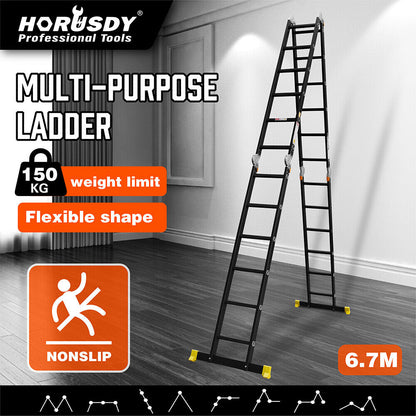 A tall, black HORUSDY 6.7M Aluminium Folding Step Ladder Extension Multi-Purpose Ladders 150KG with yellow safety feet is set up in an A-frame position. With a load capacity of 150kg, the ladder features multiple rungs and locking mechanisms near the top for stability. The plain white background emphasizes its robust yet sleek design.