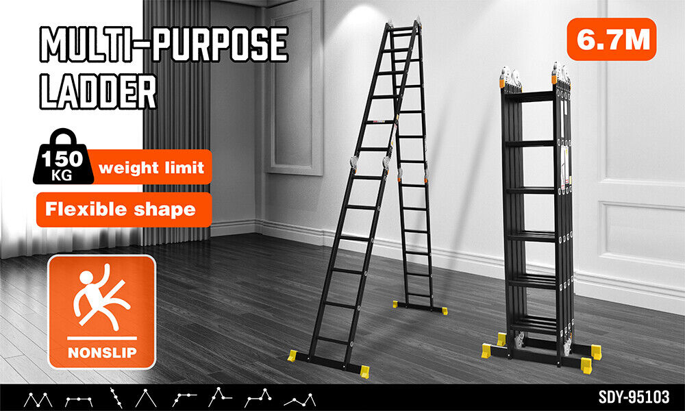 A tall, black HORUSDY 6.7M Aluminium Folding Step Ladder Extension Multi-Purpose Ladders 150KG with yellow safety feet is set up in an A-frame position. With a load capacity of 150kg, the ladder features multiple rungs and locking mechanisms near the top for stability. The plain white background emphasizes its robust yet sleek design.