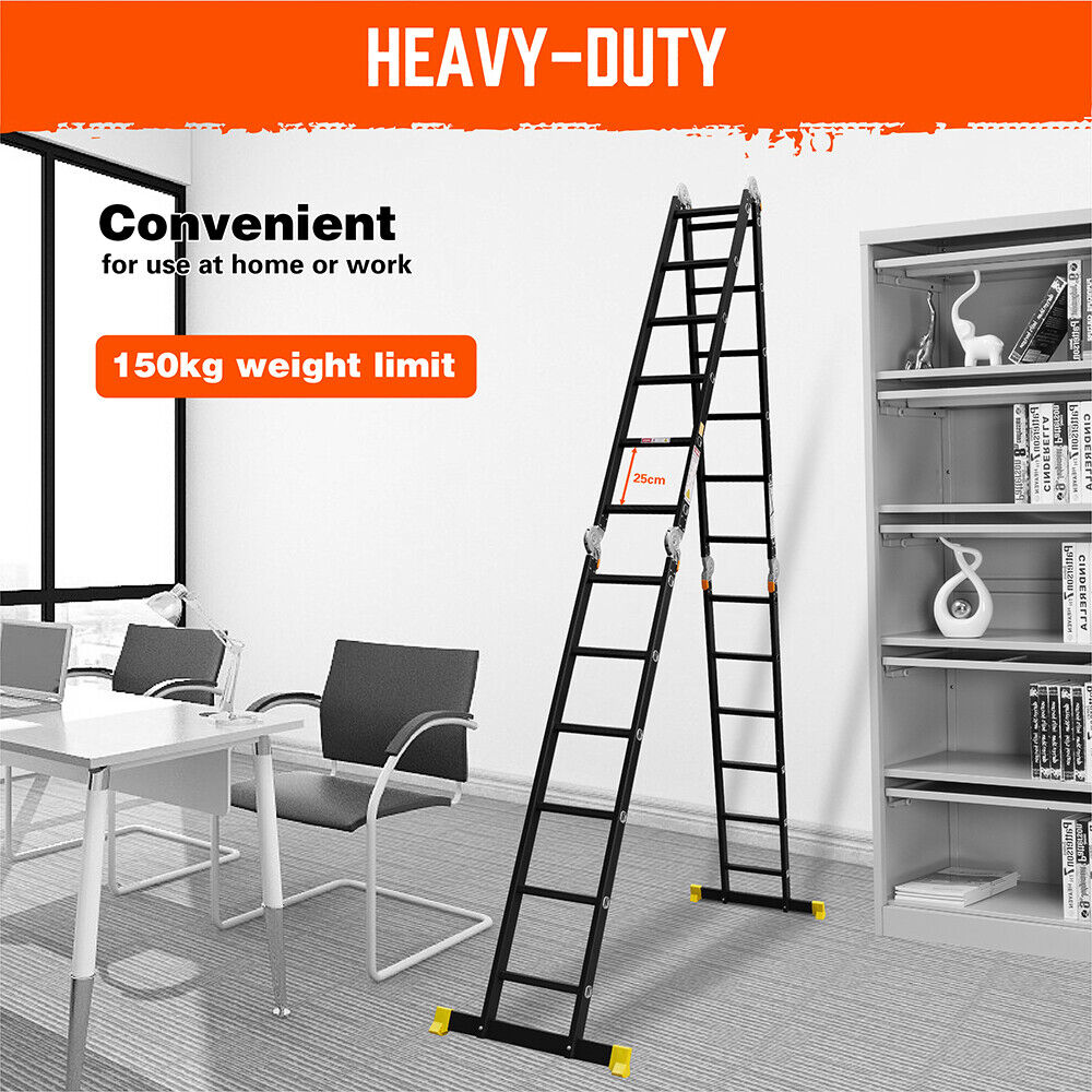 A tall, black HORUSDY 6.7M Aluminium Folding Step Ladder Extension Multi-Purpose Ladders 150KG with yellow safety feet is set up in an A-frame position. With a load capacity of 150kg, the ladder features multiple rungs and locking mechanisms near the top for stability. The plain white background emphasizes its robust yet sleek design.