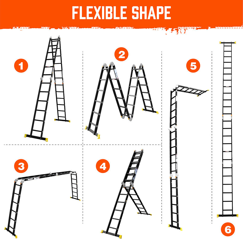 A tall, black HORUSDY 6.7M Aluminium Folding Step Ladder Extension Multi-Purpose Ladders 150KG with yellow safety feet is set up in an A-frame position. With a load capacity of 150kg, the ladder features multiple rungs and locking mechanisms near the top for stability. The plain white background emphasizes its robust yet sleek design.