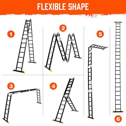 A tall, black HORUSDY 6.7M Aluminium Folding Step Ladder Extension Multi-Purpose Ladders 150KG with yellow safety feet is set up in an A-frame position. With a load capacity of 150kg, the ladder features multiple rungs and locking mechanisms near the top for stability. The plain white background emphasizes its robust yet sleek design.