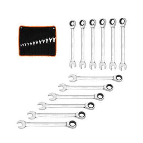 A **12Pc Ratchet Spanner Set Metric Open & Ring Wrenches 8-19mm CR-V + Rolling Bag**, made from durable chrome vanadium steel, with open and ring ends, arranged in two rows. The wrenches come in twelve different sizes and are displayed alongside a black and orange pouch designed to hold them neatly.