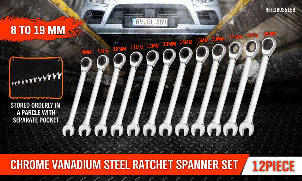 A **12Pc Ratchet Spanner Set Metric Open & Ring Wrenches 8-19mm CR-V + Rolling Bag**, made from durable chrome vanadium steel, with open and ring ends, arranged in two rows. The wrenches come in twelve different sizes and are displayed alongside a black and orange pouch designed to hold them neatly.