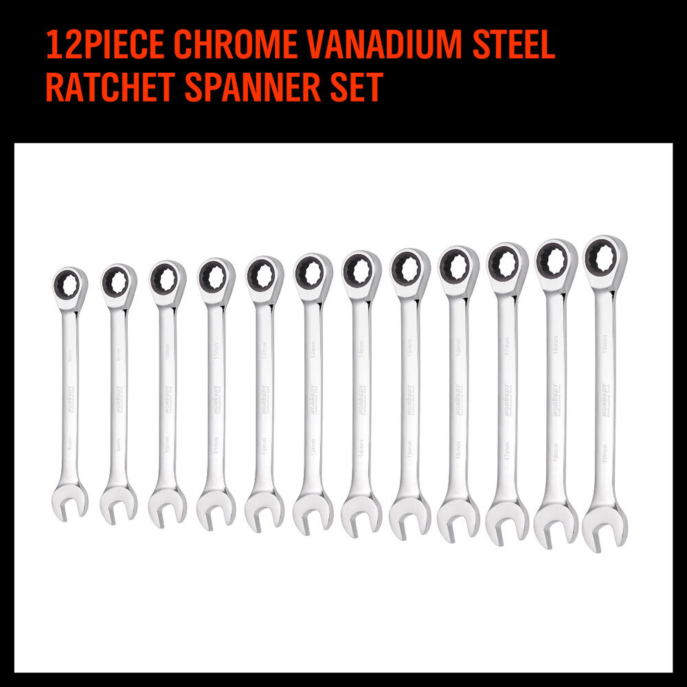 A **12Pc Ratchet Spanner Set Metric Open & Ring Wrenches 8-19mm CR-V + Rolling Bag**, made from durable chrome vanadium steel, with open and ring ends, arranged in two rows. The wrenches come in twelve different sizes and are displayed alongside a black and orange pouch designed to hold them neatly.