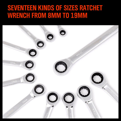 A **12Pc Ratchet Spanner Set Metric Open & Ring Wrenches 8-19mm CR-V + Rolling Bag**, made from durable chrome vanadium steel, with open and ring ends, arranged in two rows. The wrenches come in twelve different sizes and are displayed alongside a black and orange pouch designed to hold them neatly.