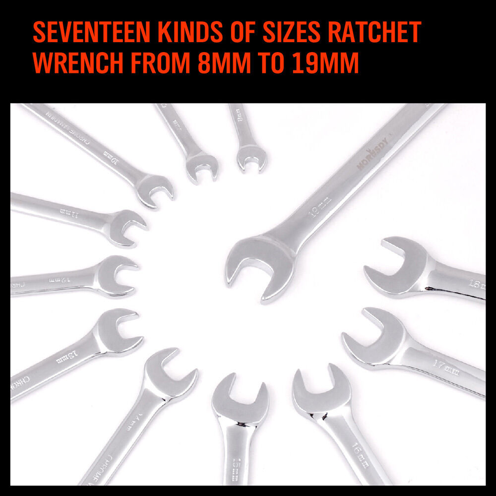 A **12Pc Ratchet Spanner Set Metric Open & Ring Wrenches 8-19mm CR-V + Rolling Bag**, made from durable chrome vanadium steel, with open and ring ends, arranged in two rows. The wrenches come in twelve different sizes and are displayed alongside a black and orange pouch designed to hold them neatly.