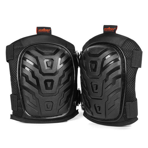 Pair of HORUSDY Knee Pads Work Safety Senior Gel Cushion High Density Foam Padding with hard protective shells and adjustable straps. The shells feature a segmented design for flexibility, while the neoprene fabric sections are breathable with mesh panels. The brand name "HORUSDY" is visible on the orange tags at the top.