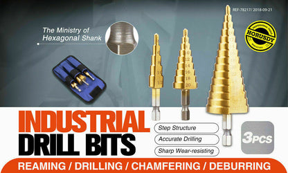 A set of HSS 3pcs Steel Step Cone Set Drill Titanium Bit Hole Cutter 4-12/20/32mm Pouch with hex shanks is perfect for car restoration and auto repair. Each bit boasts multiple step levels with size markings inscribed on the surface. The bits are neatly arranged in a row against a plain white background.