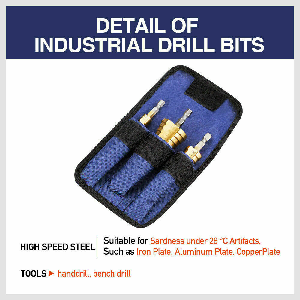 A set of HSS 3pcs Steel Step Cone Set Drill Titanium Bit Hole Cutter 4-12/20/32mm Pouch with hex shanks is perfect for car restoration and auto repair. Each bit boasts multiple step levels with size markings inscribed on the surface. The bits are neatly arranged in a row against a plain white background.