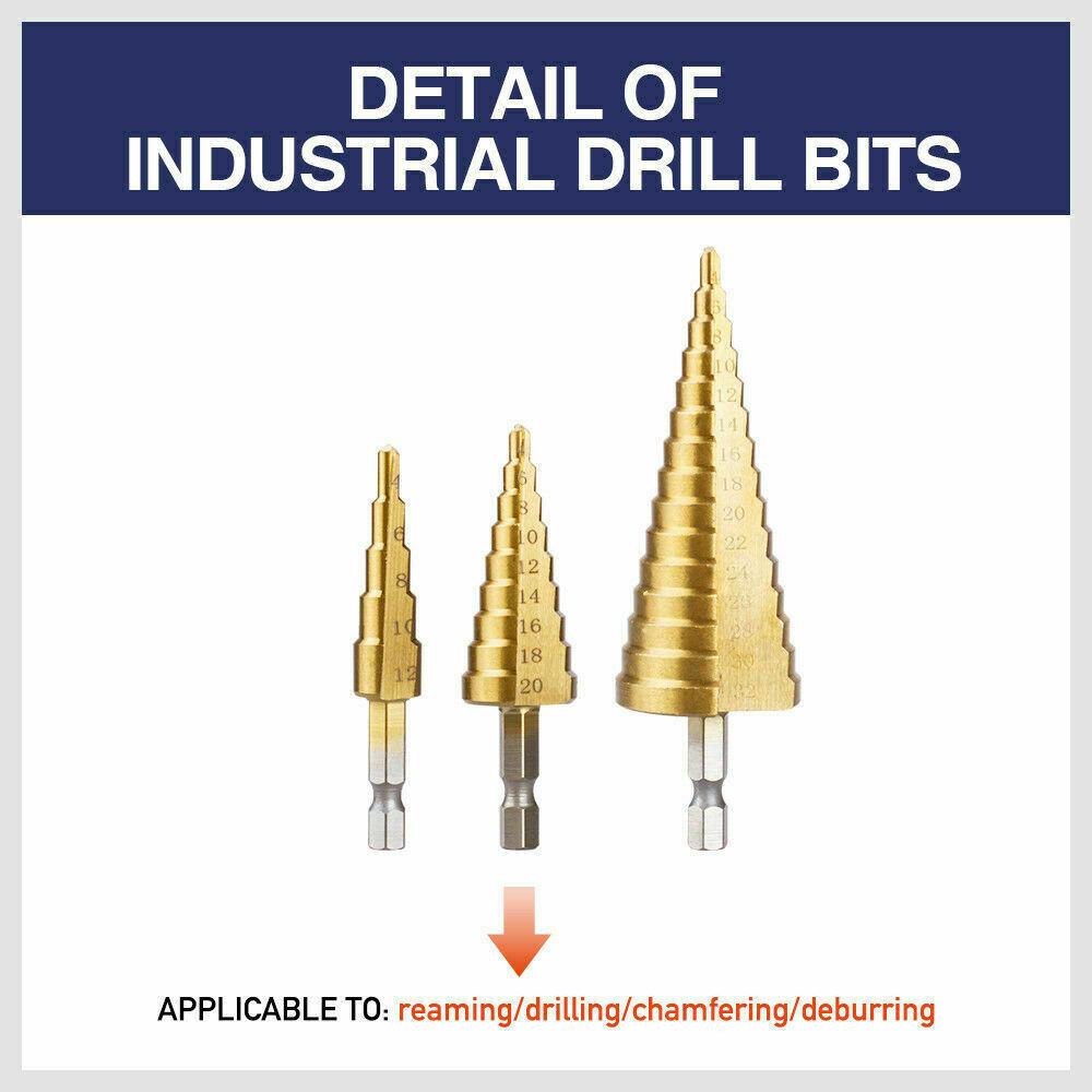 A set of HSS 3pcs Steel Step Cone Set Drill Titanium Bit Hole Cutter 4-12/20/32mm Pouch with hex shanks is perfect for car restoration and auto repair. Each bit boasts multiple step levels with size markings inscribed on the surface. The bits are neatly arranged in a row against a plain white background.