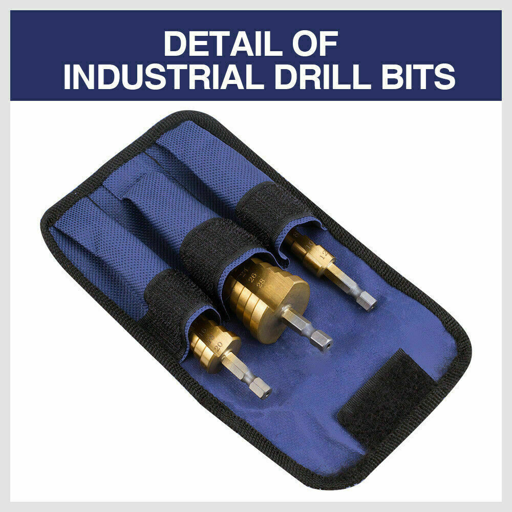 A set of HSS 3pcs Steel Step Cone Set Drill Titanium Bit Hole Cutter 4-12/20/32mm Pouch with hex shanks is perfect for car restoration and auto repair. Each bit boasts multiple step levels with size markings inscribed on the surface. The bits are neatly arranged in a row against a plain white background.