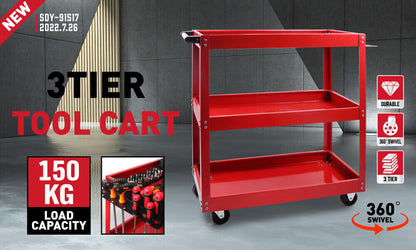 A heavy-duty, red, three-tiered Tool Trolley 3-Tier Workshop Cart Rolling Steel Parts Storage Handyman 150KG Red features several compartments and holders, containing an assortment of tools such as screwdrivers, clamps, and cases. The cart has a handle and is on wheels for mobility. Note at the bottom reads, "Does not include tools.