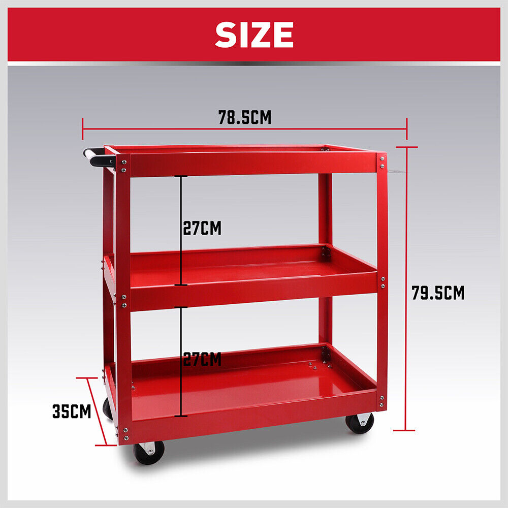 A heavy-duty, red, three-tiered Tool Trolley 3-Tier Workshop Cart Rolling Steel Parts Storage Handyman 150KG Red features several compartments and holders, containing an assortment of tools such as screwdrivers, clamps, and cases. The cart has a handle and is on wheels for mobility. Note at the bottom reads, "Does not include tools.