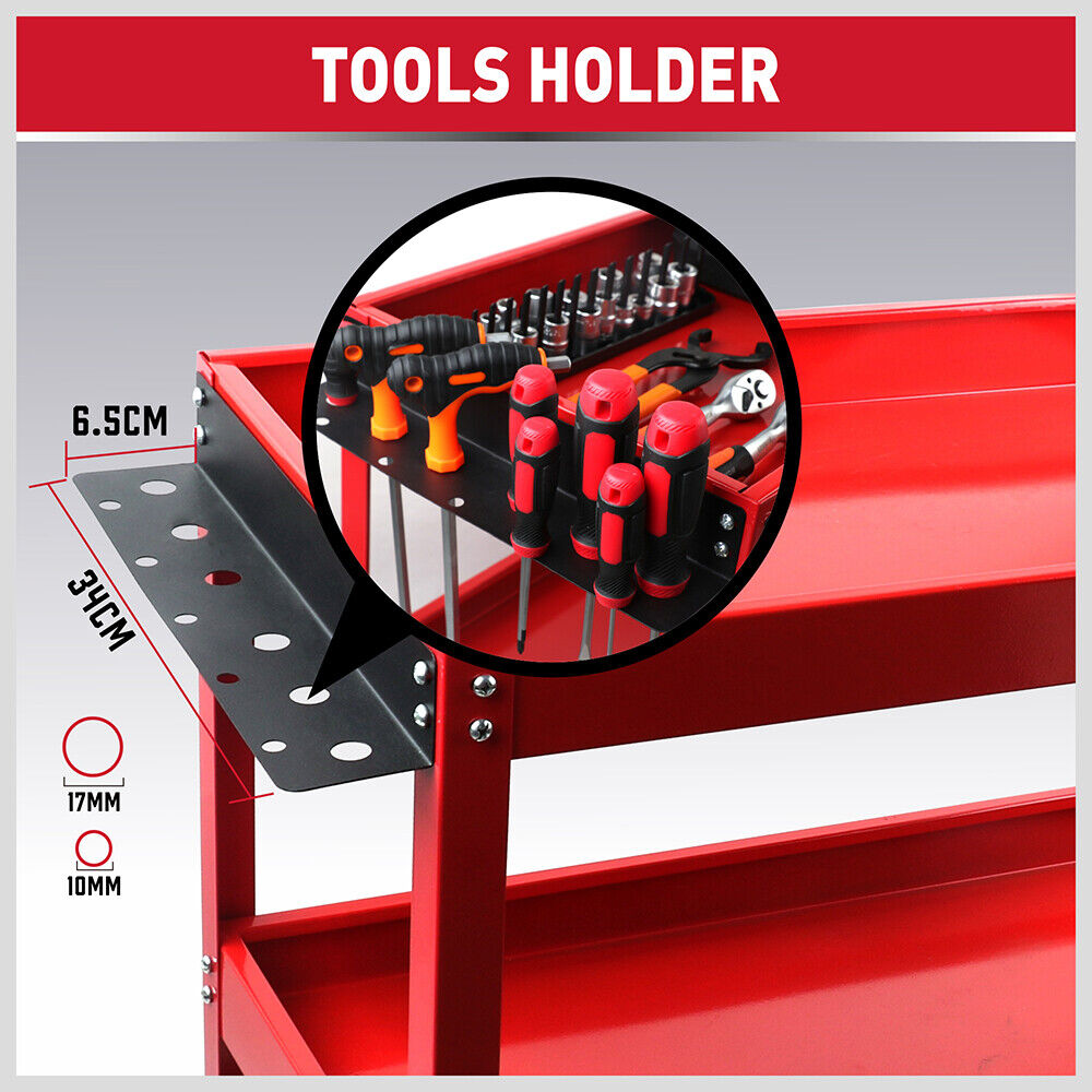 A heavy-duty, red, three-tiered Tool Trolley 3-Tier Workshop Cart Rolling Steel Parts Storage Handyman 150KG Red features several compartments and holders, containing an assortment of tools such as screwdrivers, clamps, and cases. The cart has a handle and is on wheels for mobility. Note at the bottom reads, "Does not include tools.