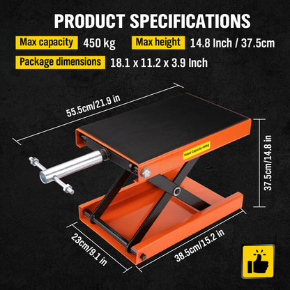 Image of a 205KG Motorcycle Motorbike Lift Jack Motorcycle Stand Hoist Repair Work Bench with a maximum weight-bearing capacity of 450 kg. The jack adjusts from 10 cm to 37.5 cm in height, featuring a detachable metal handle. The image also highlights that the product is locally stocked in Melbourne and comes with a 1-year warranty.