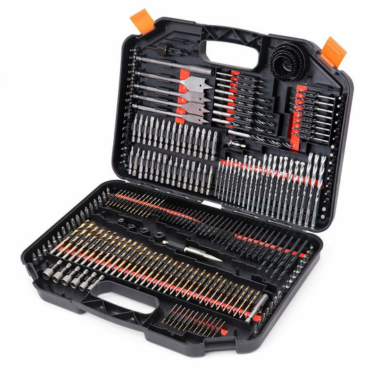 A black plastic toolbox with various drill bits, hole saws, and other tools neatly organized. The case is open to display multiple rows and columns of items, including flat, twist, and screw bits arranged by size and type. The lid has a handle and orange clips: the 246Pc Combination Drill Bits Set Wood Hole Saw Metal Cement Screwdriver Drilling.