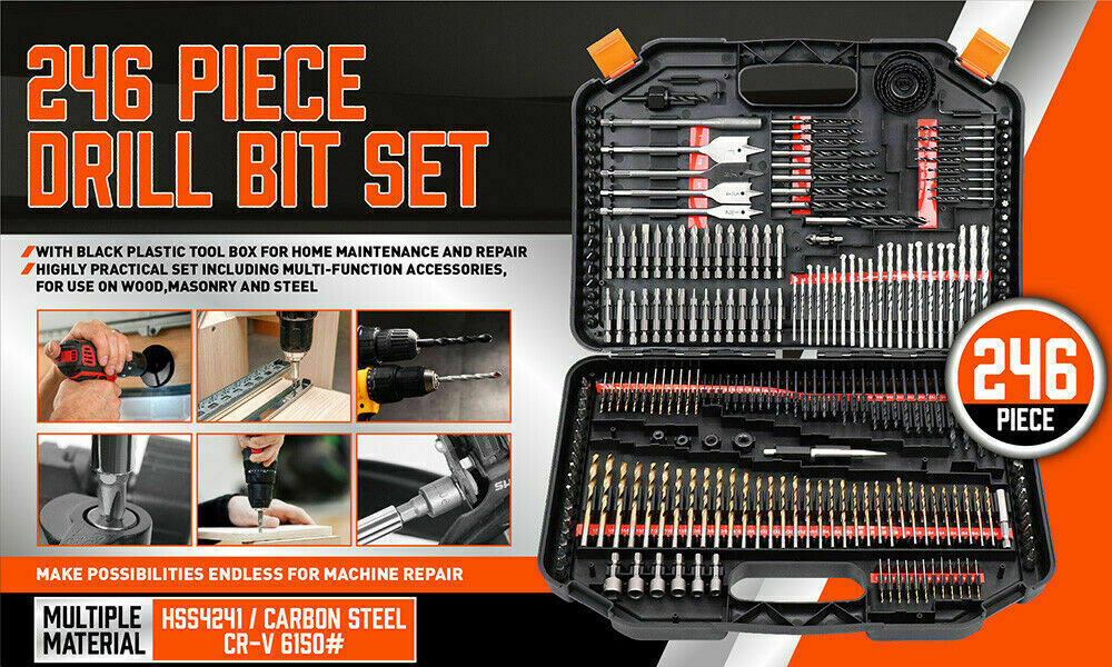 A black plastic toolbox with various drill bits, hole saws, and other tools neatly organized. The case is open to display multiple rows and columns of items, including flat, twist, and screw bits arranged by size and type. The lid has a handle and orange clips: the 246Pc Combination Drill Bits Set Wood Hole Saw Metal Cement Screwdriver Drilling.