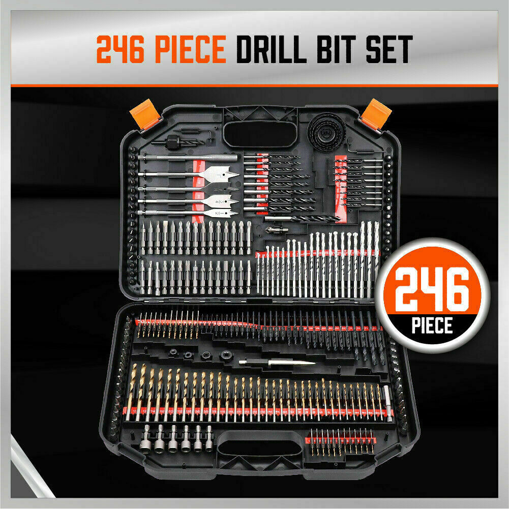 A black plastic toolbox with various drill bits, hole saws, and other tools neatly organized. The case is open to display multiple rows and columns of items, including flat, twist, and screw bits arranged by size and type. The lid has a handle and orange clips: the 246Pc Combination Drill Bits Set Wood Hole Saw Metal Cement Screwdriver Drilling.