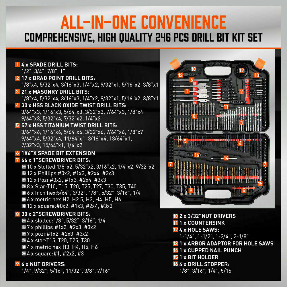 A black plastic toolbox with various drill bits, hole saws, and other tools neatly organized. The case is open to display multiple rows and columns of items, including flat, twist, and screw bits arranged by size and type. The lid has a handle and orange clips: the 246Pc Combination Drill Bits Set Wood Hole Saw Metal Cement Screwdriver Drilling.