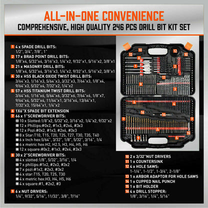 A black plastic toolbox with various drill bits, hole saws, and other tools neatly organized. The case is open to display multiple rows and columns of items, including flat, twist, and screw bits arranged by size and type. The lid has a handle and orange clips: the 246Pc Combination Drill Bits Set Wood Hole Saw Metal Cement Screwdriver Drilling.