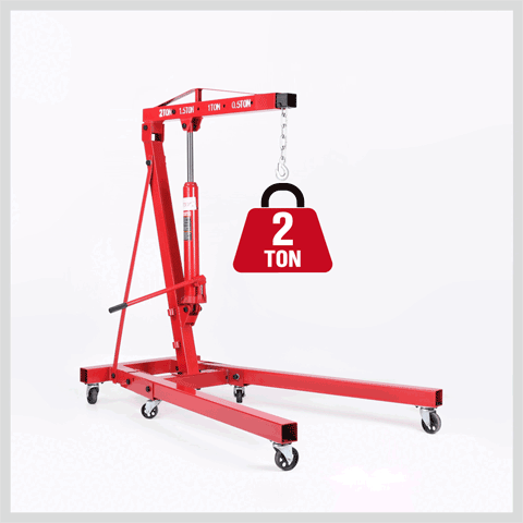 A 2-Ton Hydraulic Engine Crane Foldable Hoist Stand for Mobile Garage Lifting- Workshop Essential with a 2-ton weight capacity icon, featuring a foldable design and six wheels at the base for mobility. The hoist's arm is extended, set against a plain white background. Ideal for automotive and repair shops, this durable crane ensures efficient lifting and maneuverability.