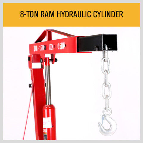 A 2-Ton Hydraulic Engine Crane Foldable Hoist Stand for Mobile Garage Lifting- Workshop Essential with a 2-ton weight capacity icon, featuring a foldable design and six wheels at the base for mobility. The hoist's arm is extended, set against a plain white background. Ideal for automotive and repair shops, this durable crane ensures efficient lifting and maneuverability.