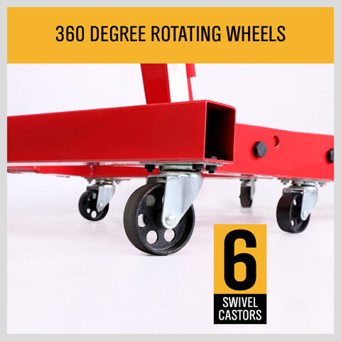 A 2-Ton Hydraulic Engine Crane Foldable Hoist Stand for Mobile Garage Lifting- Workshop Essential with a 2-ton weight capacity icon, featuring a foldable design and six wheels at the base for mobility. The hoist's arm is extended, set against a plain white background. Ideal for automotive and repair shops, this durable crane ensures efficient lifting and maneuverability.