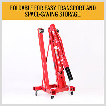 A 2-Ton Hydraulic Engine Crane Foldable Hoist Stand for Mobile Garage Lifting- Workshop Essential with a 2-ton weight capacity icon, featuring a foldable design and six wheels at the base for mobility. The hoist's arm is extended, set against a plain white background. Ideal for automotive and repair shops, this durable crane ensures efficient lifting and maneuverability.