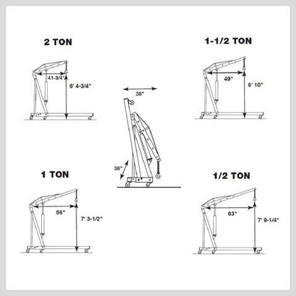 A 2-Ton Hydraulic Engine Crane Foldable Hoist Stand for Mobile Garage Lifting- Workshop Essential with a 2-ton weight capacity icon, featuring a foldable design and six wheels at the base for mobility. The hoist's arm is extended, set against a plain white background. Ideal for automotive and repair shops, this durable crane ensures efficient lifting and maneuverability.