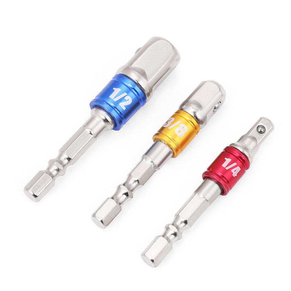 Three silver drill socket adapters in different sizes (1/2, 3/8, and 1/4) are shown. Each adapter has a colored middle section: blue for 1/2, yellow for 3/8, and red for 1/4. This **3Pc Socket Bit Adaptor Set Drill Nut Driver Power Extension Bars 1/4" 3/8" 1/2"** features hex shank drivers and square drive ends perfect for use with impact sockets.