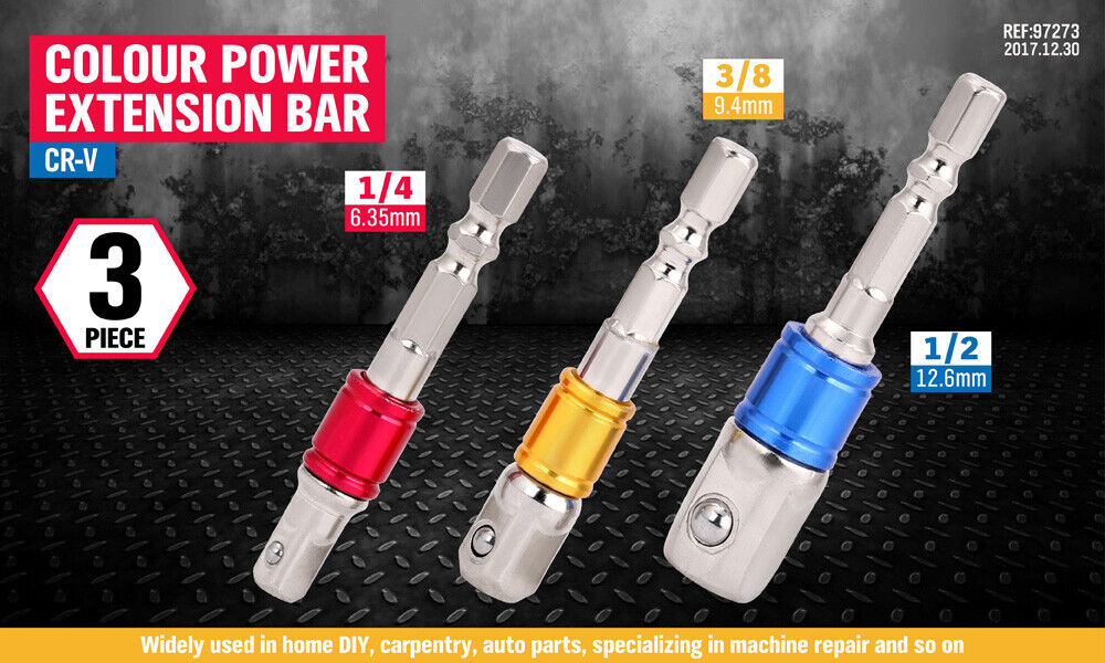 Three silver drill socket adapters in different sizes (1/2, 3/8, and 1/4) are shown. Each adapter has a colored middle section: blue for 1/2, yellow for 3/8, and red for 1/4. This **3Pc Socket Bit Adaptor Set Drill Nut Driver Power Extension Bars 1/4" 3/8" 1/2"** features hex shank drivers and square drive ends perfect for use with impact sockets.