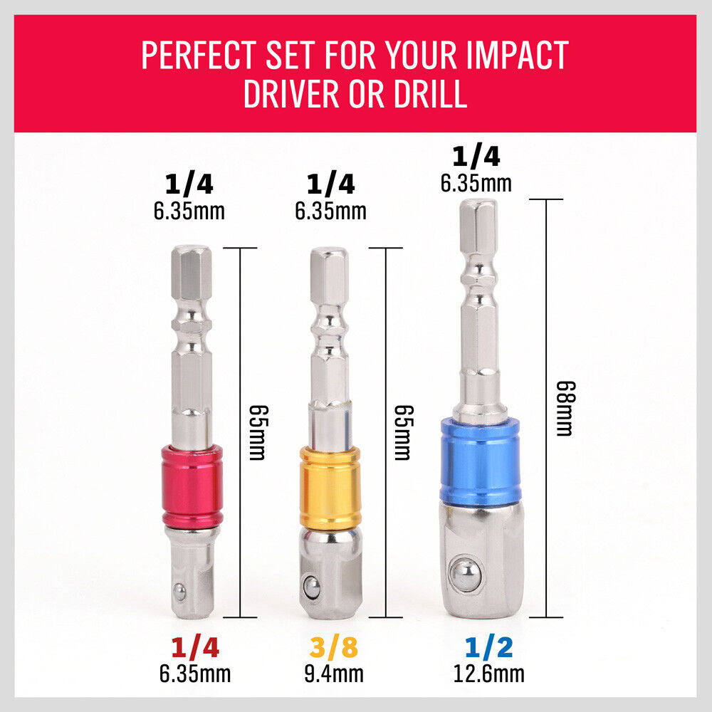 Three silver drill socket adapters in different sizes (1/2, 3/8, and 1/4) are shown. Each adapter has a colored middle section: blue for 1/2, yellow for 3/8, and red for 1/4. This **3Pc Socket Bit Adaptor Set Drill Nut Driver Power Extension Bars 1/4" 3/8" 1/2"** features hex shank drivers and square drive ends perfect for use with impact sockets.