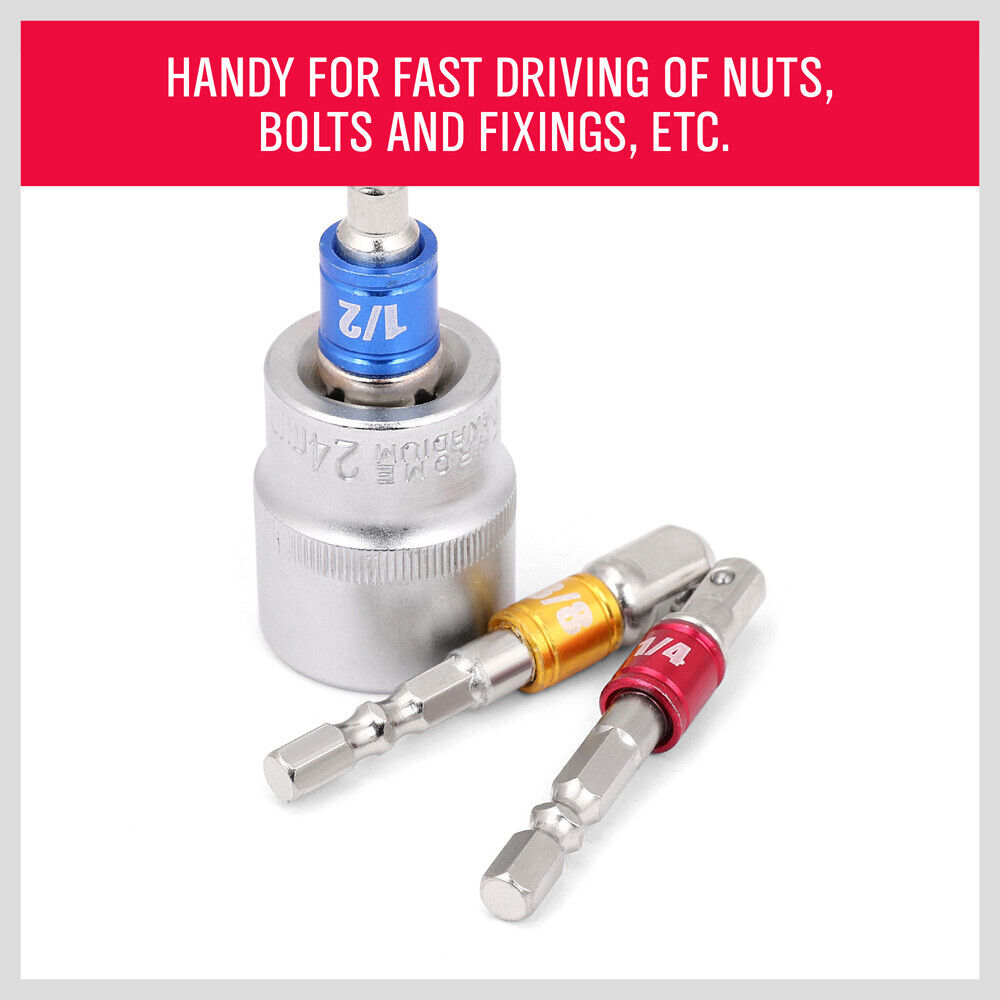 Three silver drill socket adapters in different sizes (1/2, 3/8, and 1/4) are shown. Each adapter has a colored middle section: blue for 1/2, yellow for 3/8, and red for 1/4. This **3Pc Socket Bit Adaptor Set Drill Nut Driver Power Extension Bars 1/4" 3/8" 1/2"** features hex shank drivers and square drive ends perfect for use with impact sockets.