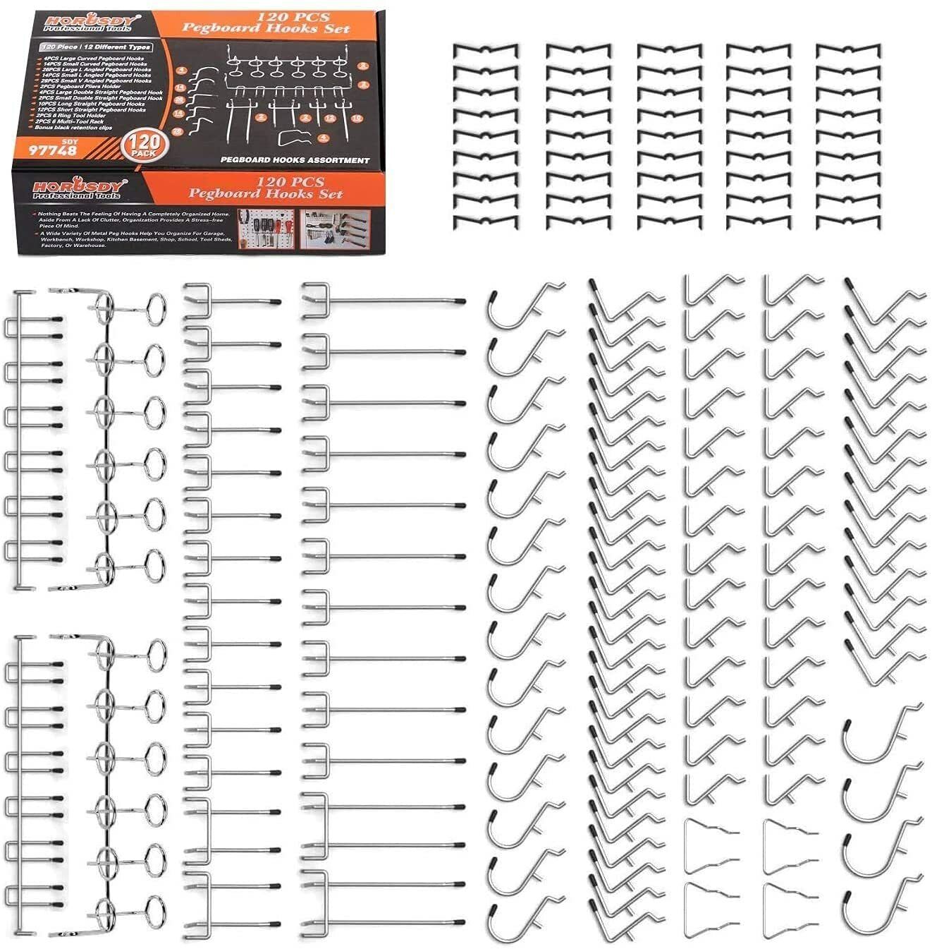 An assortment of 120Pc Pegboard Hooks Set Slat Wall Hanger Garage Organizer Shop Display Hanging, perfect for tool organizers, is displayed. The image includes a variety of hooks such as straight, curved, and angled hooks for an efficient storage solution. Packaging in the top left showcases the product description and brand details.