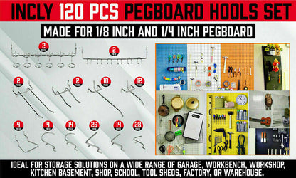 An assortment of 120Pc Pegboard Hooks Set Slat Wall Hanger Garage Organizer Shop Display Hanging, perfect for tool organizers, is displayed. The image includes a variety of hooks such as straight, curved, and angled hooks for an efficient storage solution. Packaging in the top left showcases the product description and brand details.