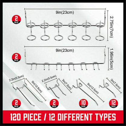 An assortment of 120Pc Pegboard Hooks Set Slat Wall Hanger Garage Organizer Shop Display Hanging, perfect for tool organizers, is displayed. The image includes a variety of hooks such as straight, curved, and angled hooks for an efficient storage solution. Packaging in the top left showcases the product description and brand details.