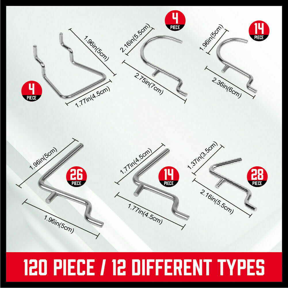 An assortment of 120Pc Pegboard Hooks Set Slat Wall Hanger Garage Organizer Shop Display Hanging, perfect for tool organizers, is displayed. The image includes a variety of hooks such as straight, curved, and angled hooks for an efficient storage solution. Packaging in the top left showcases the product description and brand details.