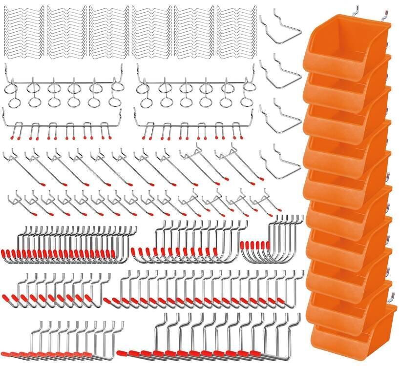 A 238Pc Pegboard Hooks Set Peg board Bins Parts Storage Assortment Tools Organiser. The image features various pegboard hooks, tool organizers, and a stack of orange plastic storage bins. The items are arranged in a grid pattern, showcasing their size and variety.