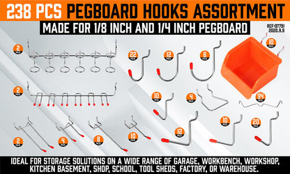 A 238Pc Pegboard Hooks Set Peg board Bins Parts Storage Assortment Tools Organiser. The image features various pegboard hooks, tool organizers, and a stack of orange plastic storage bins. The items are arranged in a grid pattern, showcasing their size and variety.