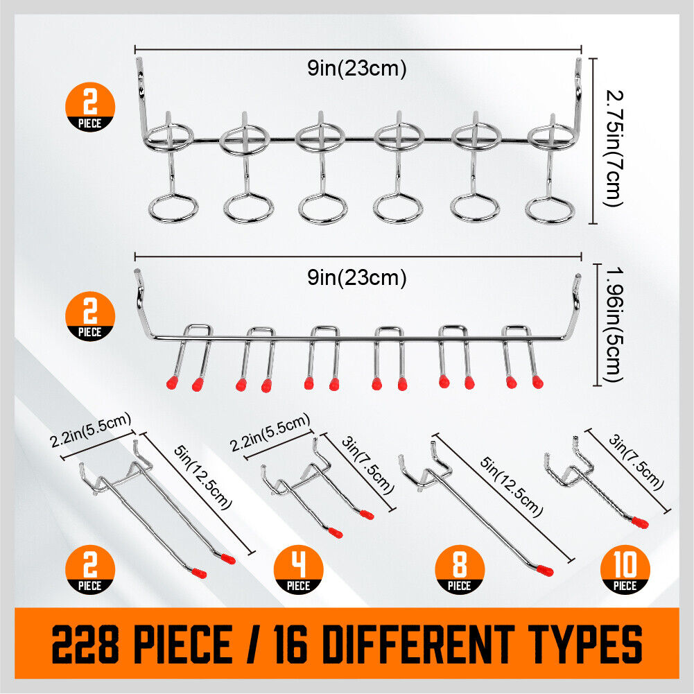 A 238Pc Pegboard Hooks Set Peg board Bins Parts Storage Assortment Tools Organiser. The image features various pegboard hooks, tool organizers, and a stack of orange plastic storage bins. The items are arranged in a grid pattern, showcasing their size and variety.