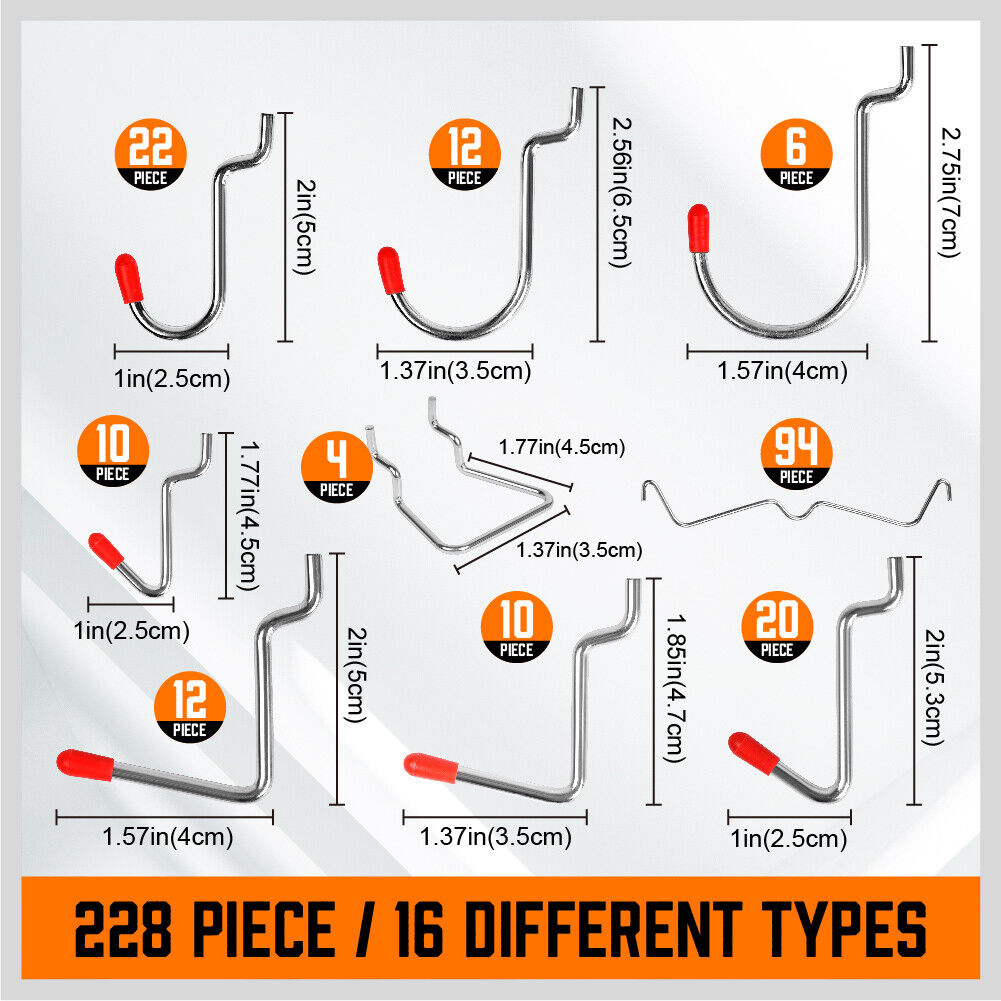 A 238Pc Pegboard Hooks Set Peg board Bins Parts Storage Assortment Tools Organiser. The image features various pegboard hooks, tool organizers, and a stack of orange plastic storage bins. The items are arranged in a grid pattern, showcasing their size and variety.